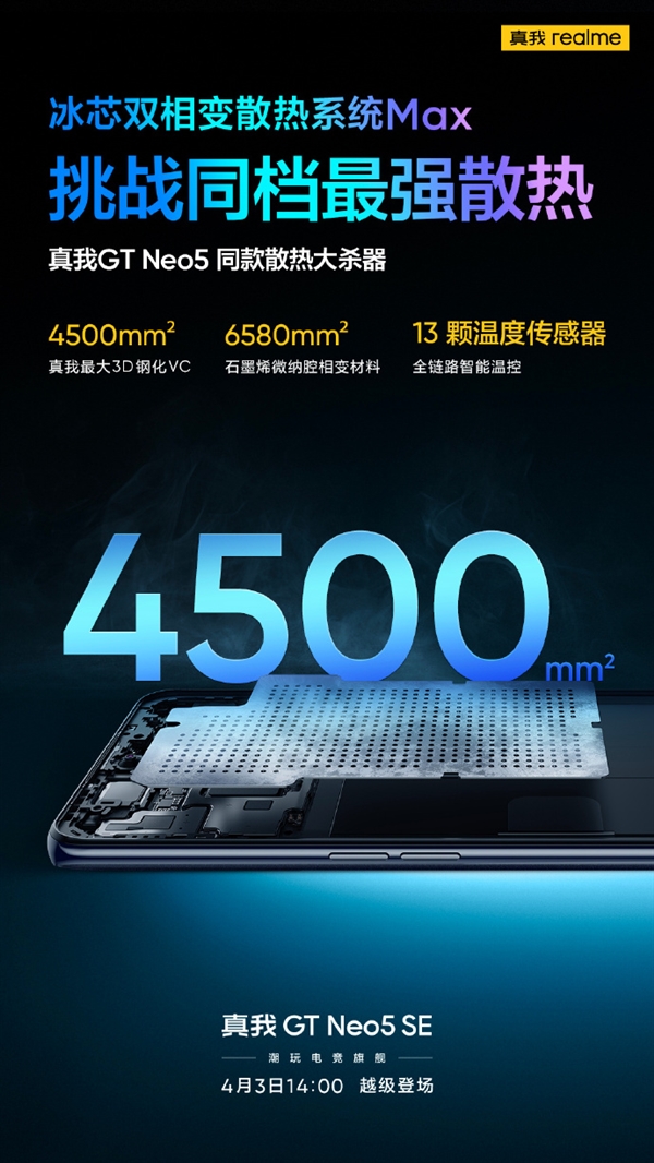 真我GT Neo5 SE散热同档无敌：4500mm2超大钢化VC、13颗传感器