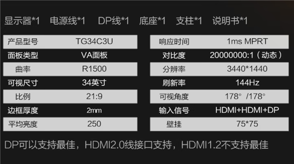 带鱼屏杀到白菜价 惠科34寸伪4K 144Hz到手1349元：1ms+1500R曲率